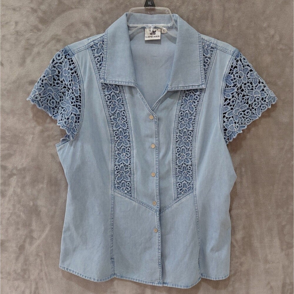 Lafei-nier Chambray Rhinestone Applique Sanp Shirt Women's Large Blue Western